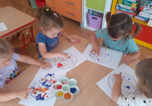 Dzieci malują farbami za pomocą paluszków.